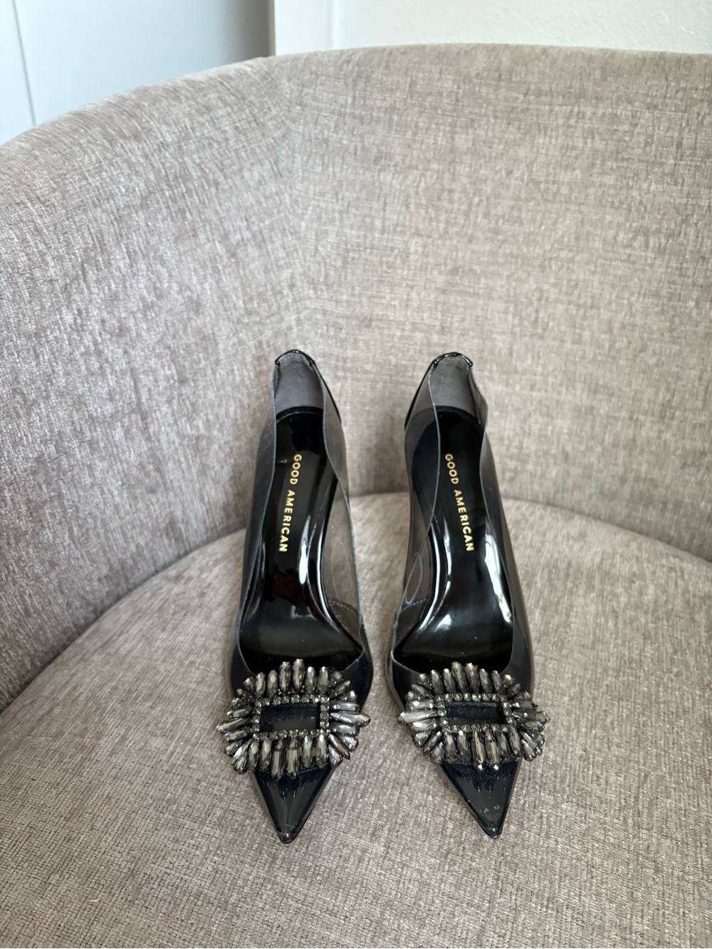 Good American Black Patent Pointed Toe Jeweled Pumps